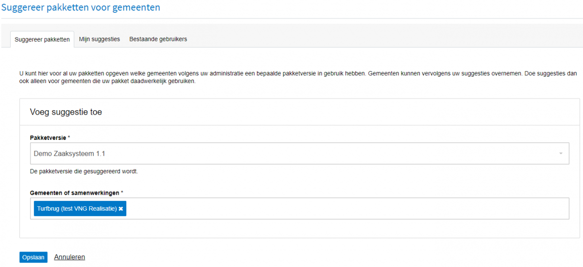 Suggereer pakket aan gemeente en of samenwerking